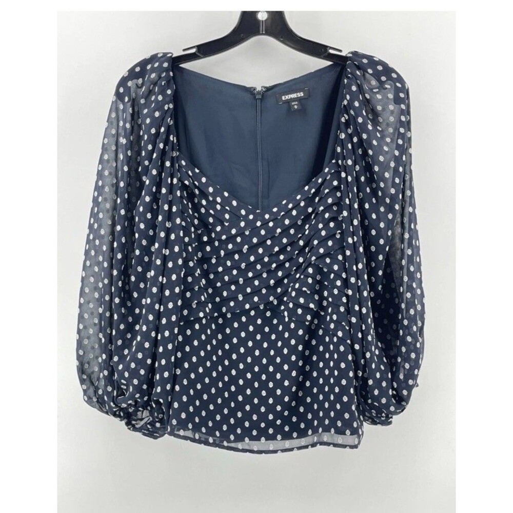 Express Women's Long Sleeve Blue White Polka Dot Top Blouse Shirt Medium New